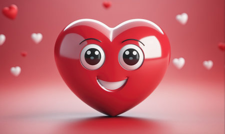 A red heart with a smiley face and big eyes is surrounded by smaller hearts against a pink backgroundの素材