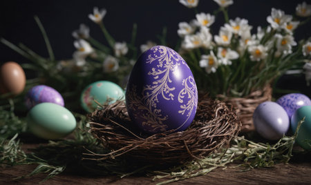A purple Easter egg with white designs sits in a birds nest surrounded by other decorated eggs and daisiesの素材