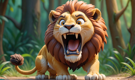 A cartoon lion roars in a jungle settingの素材