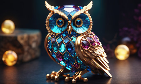 A detailed golden owl figurine with blue and purple gems sits on a dark surfaceの素材