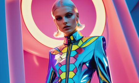 A woman poses in a colorful jacket against a bright pink and blue backgroundの素材