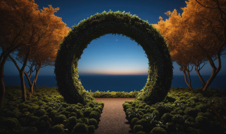 A moss-covered archway frames a view of the ocean and twilight sky at duskの素材