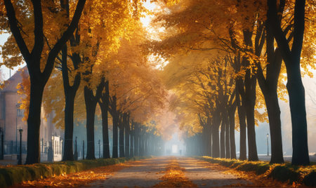A misty path lined with golden autumn trees, perfect for a peaceful strollの素材