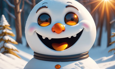 A happy snowman smiles brightly in the winter sunshineの素材