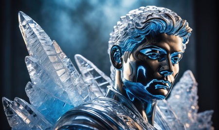 A close-up of a silver and blue statue with a serious expressionの素材