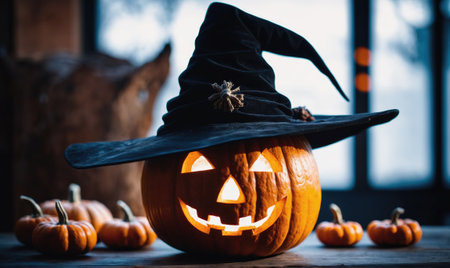 A carved pumpkin with a witchs hat sits on a table with other pumpkinsの素材