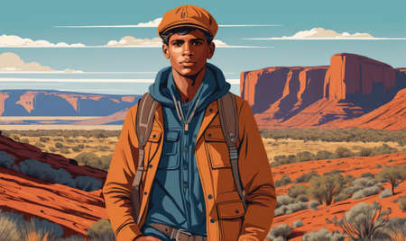 Illustration of a man stands on a red dirt path in the Australian Outback, looking out towards the rock formationsの素材