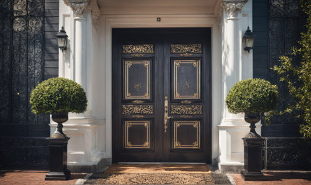 A grand, ornate double door with gold accents is flanked by potted topiary trees and white pillarsの素材