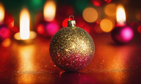 A gold glitter Christmas ornament sits on a table with festive lights and candles in the backgroundの素材