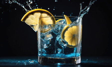 A glass of blue liquid with lemon wedges and ice cubes, splashed with waterの素材