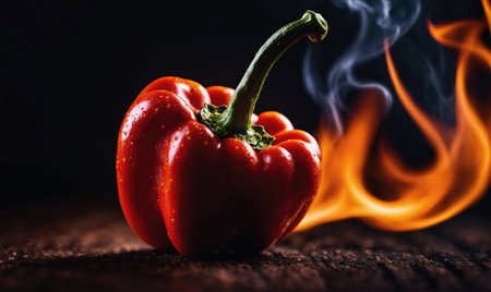A red pepper sits on a dark surface with flames and smoke behind itの素材