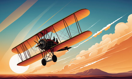 A vintage biplane flies through the clouds at sunsetの素材