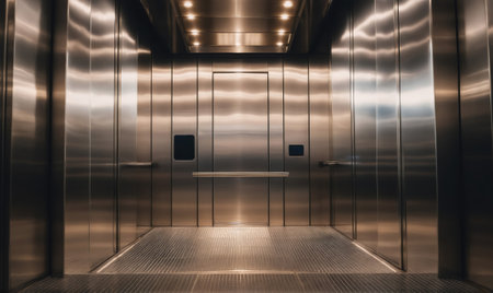 An empty elevator with stainless steel walls and a metallic floor, lit by overhead lights, is waiting for passengersの素材