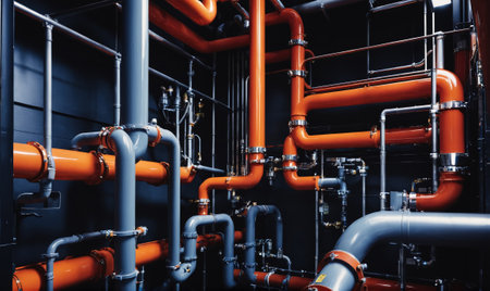 A network of orange and gray pipes run throughout an industrial buildingの素材
