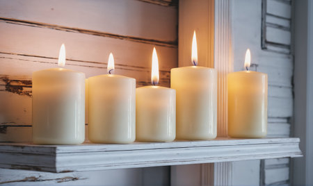 Five candles are lit on a white shelfの素材