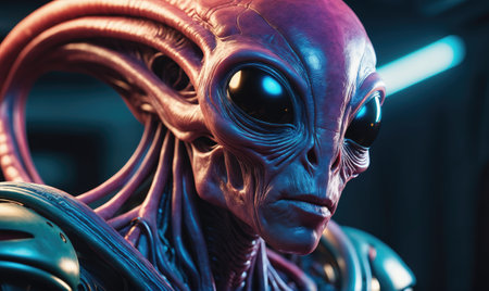 A close-up of an aliens face, illuminated by blue and purple light, with a serious expressionの素材