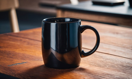 A black mug sits on a wooden tableの素材