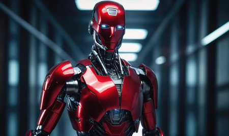 A red robot stands in a futuristic hallway, its metallic body reflecting the lightの素材