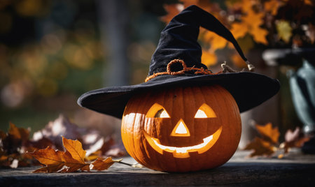 A carved pumpkin with a witchs hat sits on a wooden surface surrounded by autumn leavesの素材