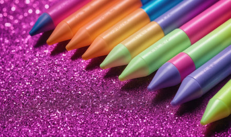 Colorful crayons lay on pink glitterの素材