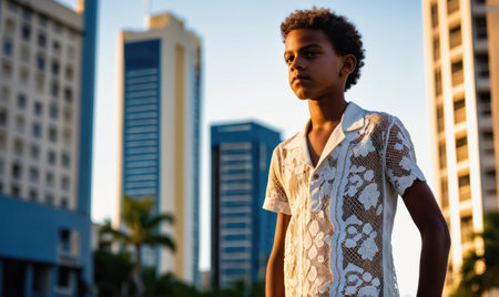 A young boy stands in front of a tall city building, looking toward the horizonの素材