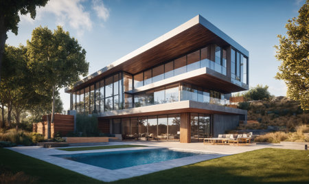 A modern home with a swimming pool sits on a grassy hillside with trees in the backgroundの素材