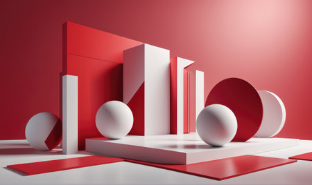 A red and white geometric abstract design with spheres and rectangles, set against a red backgroundの素材