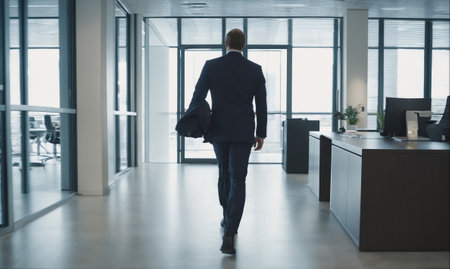 A businessman walks through an office building, heading towards the exitの素材