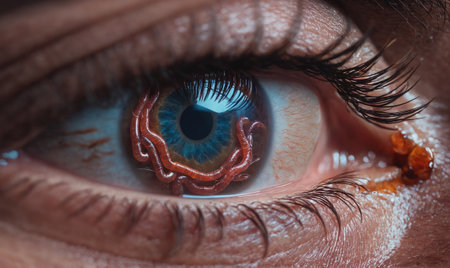 A close-up of a blue eye with red worms crawling around the irisの素材