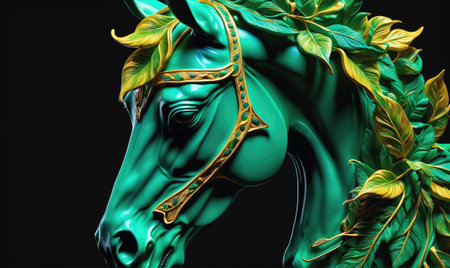 A green horse sculpture with gold accents and leaves adorns its head, standing against a black backgroundの素材