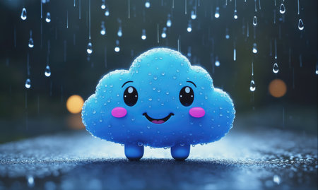 A smiling blue cloud stands in the rain, looking happy to be showering the world with its refreshing dropsの素材