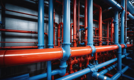 Red and blue pipes run horizontally and vertically in a buildingの素材