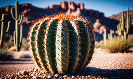 A large barrel cactus grows in the desert with a mountain range in the backgroundの素材