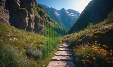 A stone path winds through a lush valley in the mountains on a sunny dayの素材