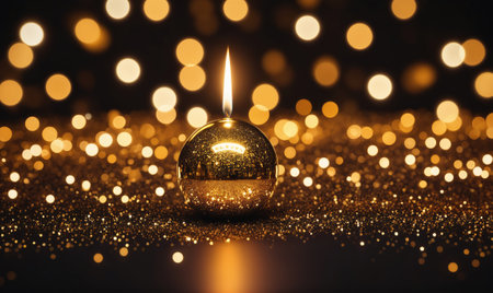 A single candle burns brightly on a bed of golden glitter, surrounded by twinkling lightsの素材