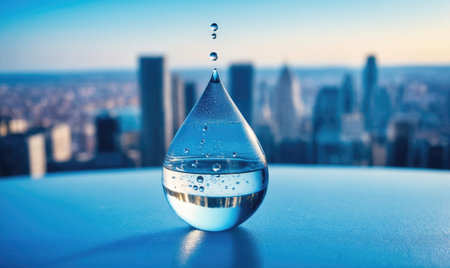A single water droplet sits on a table with a city skyline blurred in the backgroundの素材