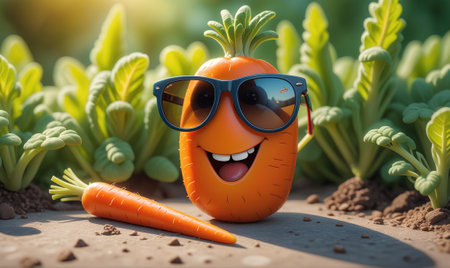 A smiling cartoon carrot wearing sunglasses sits in a garden on a sunny dayの素材