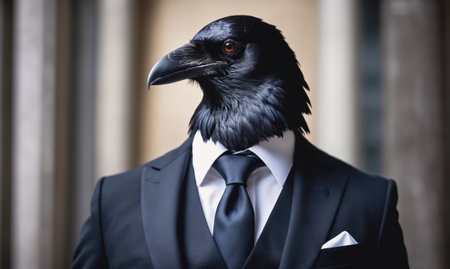 A crow in a suit looks serious and professionalの素材