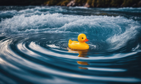 A yellow rubber duck floats in a blue river, creating ripples in the waterの素材