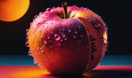A red apple, covered in water droplets, sits on a vibrant blue and red surfaceの素材