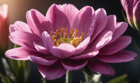 A delicate pink flower blooms in the sunlight, its petals glistening with dewの素材