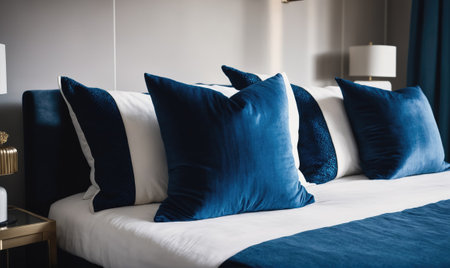 A crisp white bed with blue pillows is perfectly made in a modern bedroomの素材
