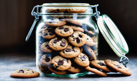 A glass jar filled with chocolate chip cookies sits on a countertop, with a few cookies spilled out onto the surfaceの素材