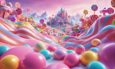A colorful candy castle stands tall against a pastel sky, surrounded by a landscape of giant lollipops and swirling candyの素材