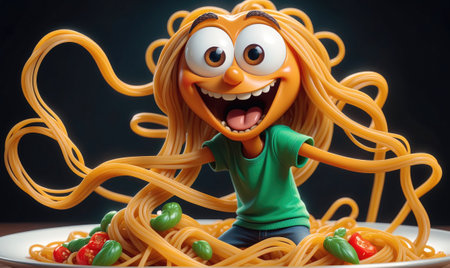 A happy cartoon character with spaghetti hair is sitting in a plate of spaghettiの素材