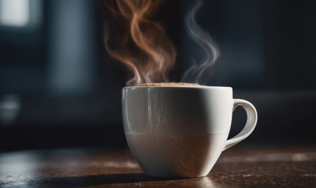 A steaming cup of coffee sits on a wooden table, ready for a morning pick-me-upの素材