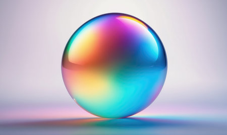 A iridescent sphere sits on a white surface with its reflection cast belowの素材