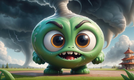 A green, cartoon monster with large eyes and a wide smile stands in front of a swirling tornadoの素材