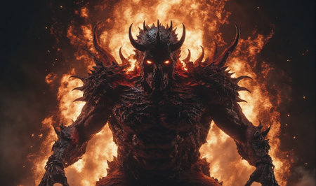 A demonic figure stands in a blaze of fire, its eyes glowing with evilの素材