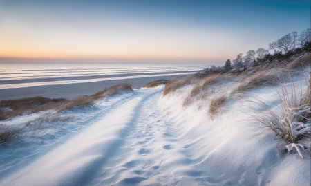 A snowy path winds through dunes overlooking a calm beach at sunriseの素材